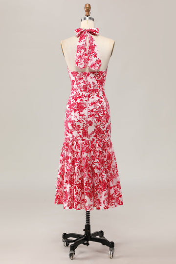 Vestido de invitada de boda midi con estampado de sirena y flores rojas